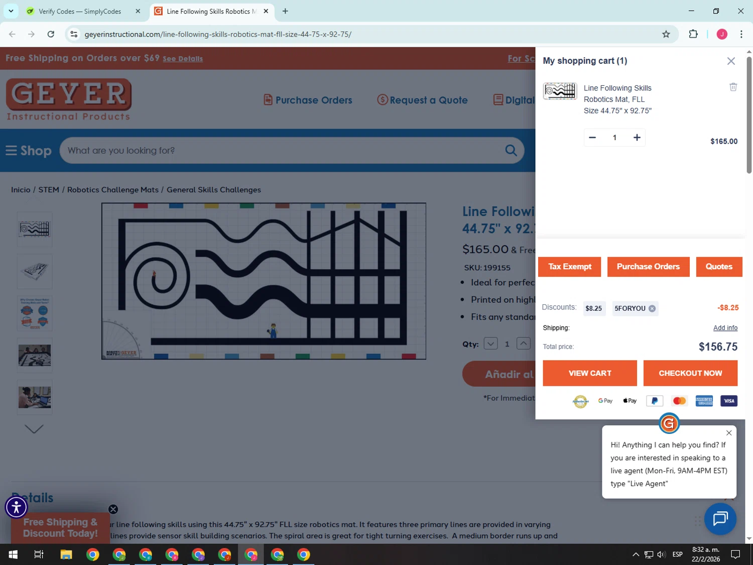 Geyer Instructional checkout page showing Geyer Instructional promo code box | Screenshot taken by SimplyCodes community member on Feb 22, 2026