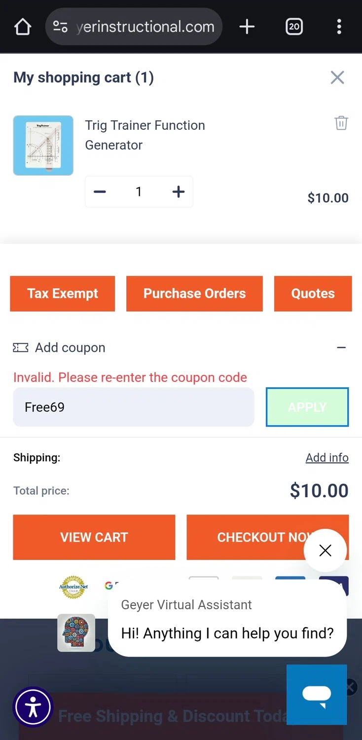 Geyer Instructional promo code screenshot showing code Free69 applied at Geyer Instructional checkout page. Uploaded by SimplyCodes community member CleverLynx5188 on Nov 16, 2025
