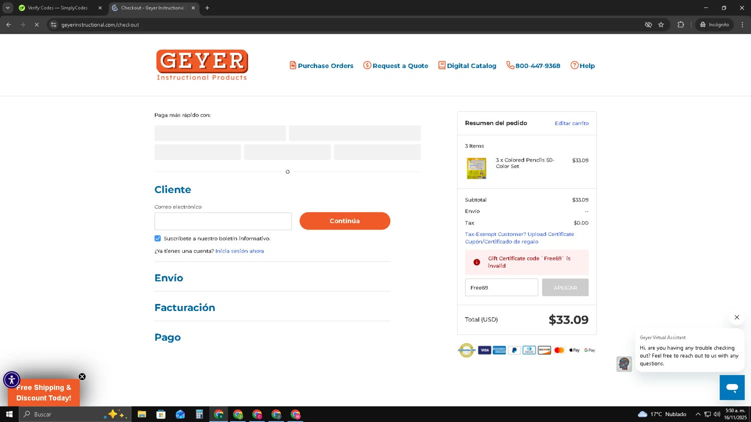 Geyer Instructional promo code screenshot showing code Free69 applied at Geyer Instructional checkout page. Uploaded by SimplyCodes community member HAOJIN on Nov 16, 2025