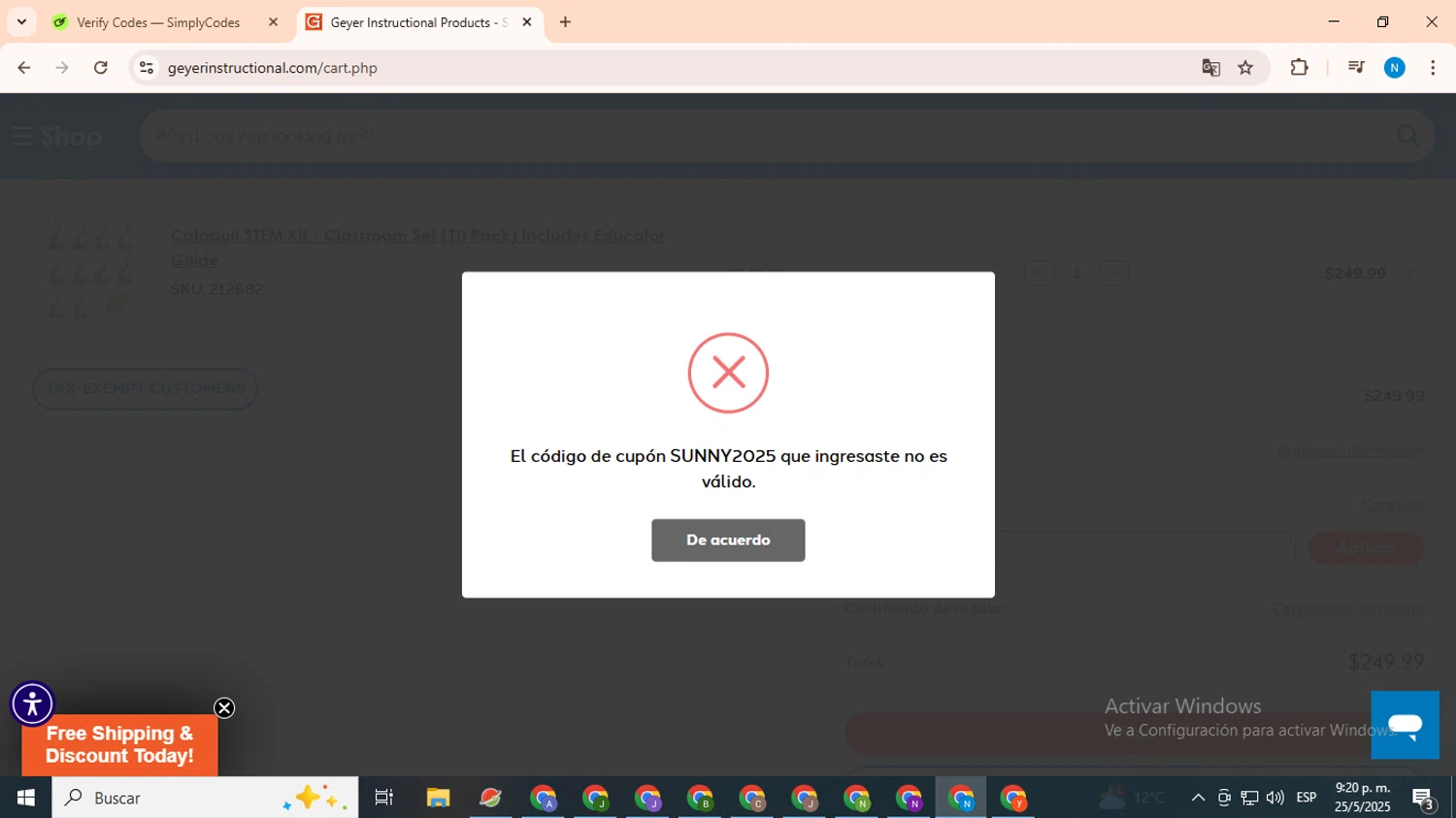 Geyer Instructional promo code screenshot showing code SUNNY2025 applied at Geyer Instructional checkout page. Uploaded by SimplyCodes community member CoinHawk678 on May 26, 2025