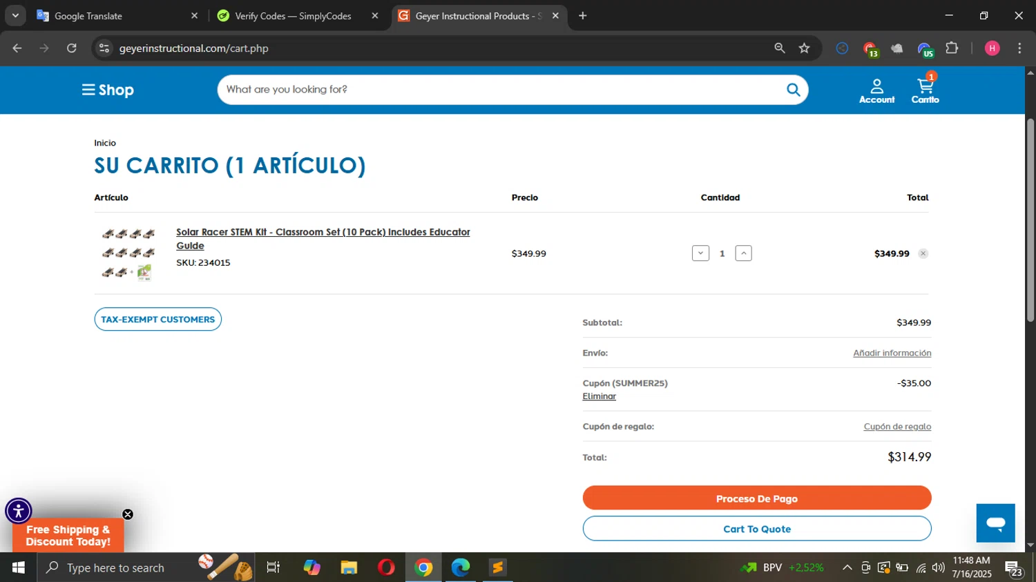 Geyer Instructional checkout page showing Geyer Instructional promo code box | Screenshot taken by SimplyCodes community member on Jul 16, 2025
