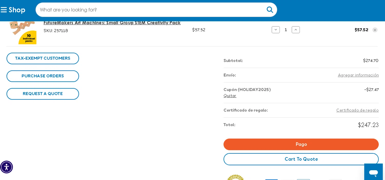 Geyer Instructional promo code screenshot showing code HOLIDAY2025 applied at Geyer Instructional checkout page. Uploaded by SimplyCodes community member shark12 on Nov 23, 2025