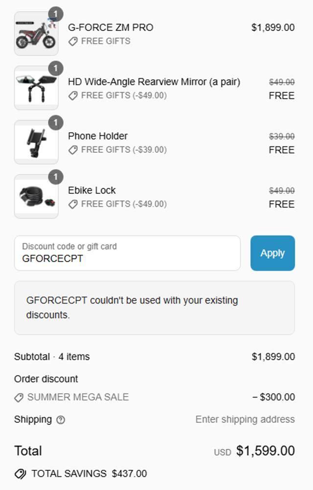 G-Force checkout page showing G-Force coupon code box | Screenshot taken by SimplyCodes community member on Sep 12, 2025
