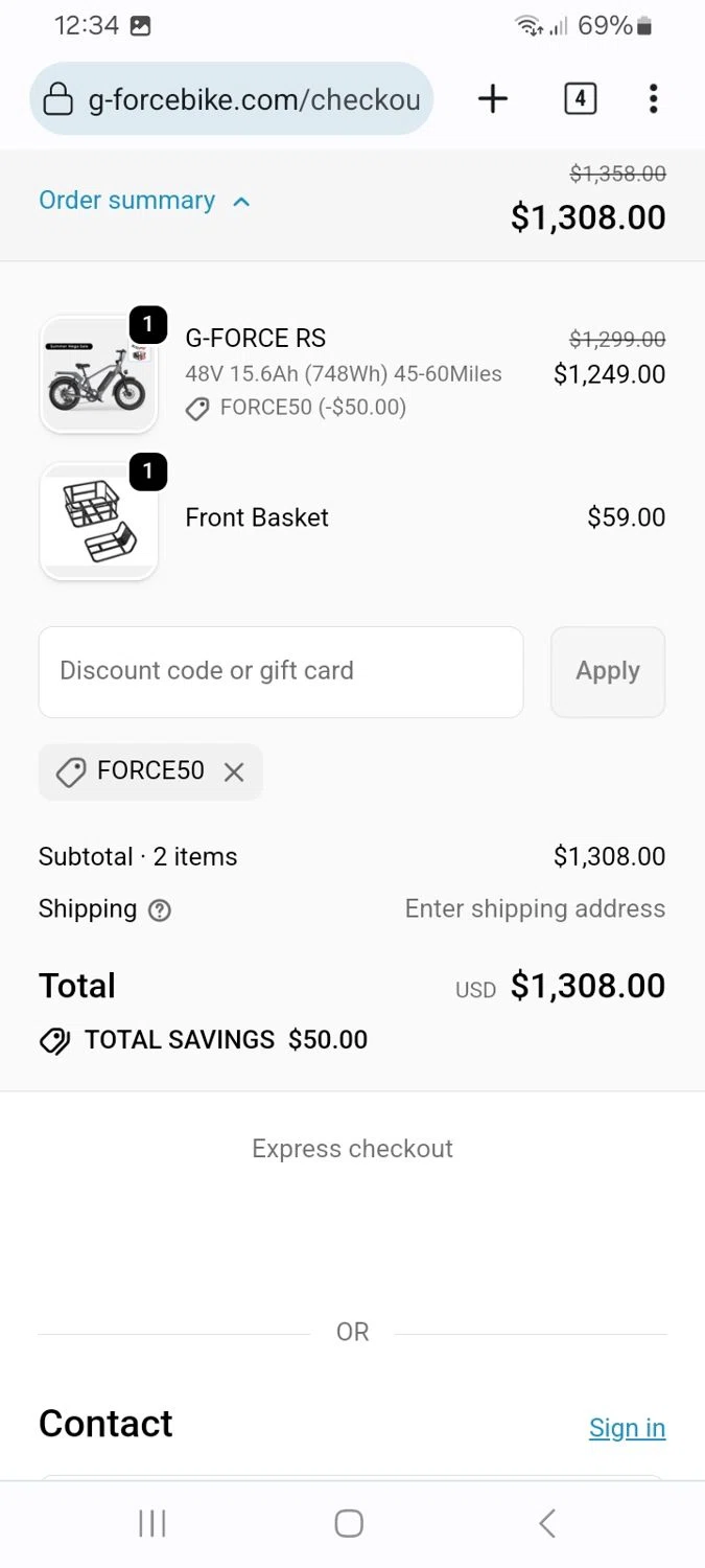 G-Force promo code screenshot showing code FORCE50 applied at G-Force checkout page. Uploaded by SimplyCodes community member ScanMaverick9378 on Feb 21, 2026