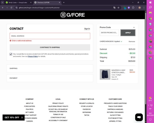 G/Fore checkout page showing G/Fore promo code box | Screenshot taken by SimplyCodes community member on Jul 30, 2025