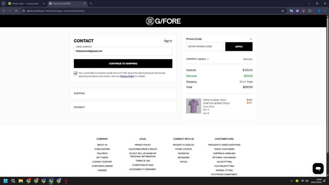 G/Fore checkout page showing G/Fore promo code box | Screenshot taken by SimplyCodes community member on Jul 24, 2025