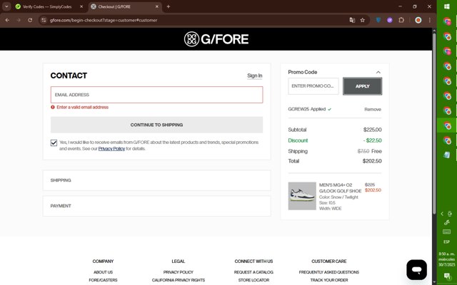 G/Fore checkout page showing G/Fore promo code box | Screenshot taken by SimplyCodes community member on Jul 30, 2025