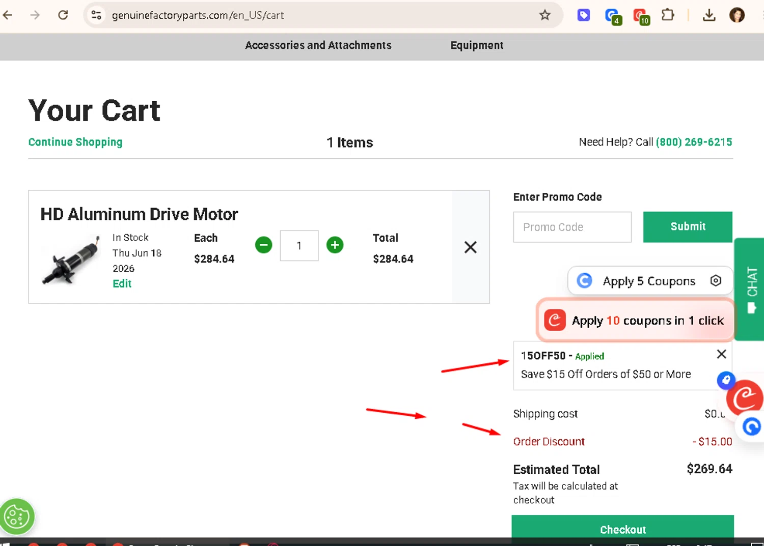 Geniune Factory Parts promo code screenshot showing code 15OFF50 applied at Geniune Factory Parts checkout page. Uploaded by SimplyCodes community member camilavidal on Jun 18, 2026