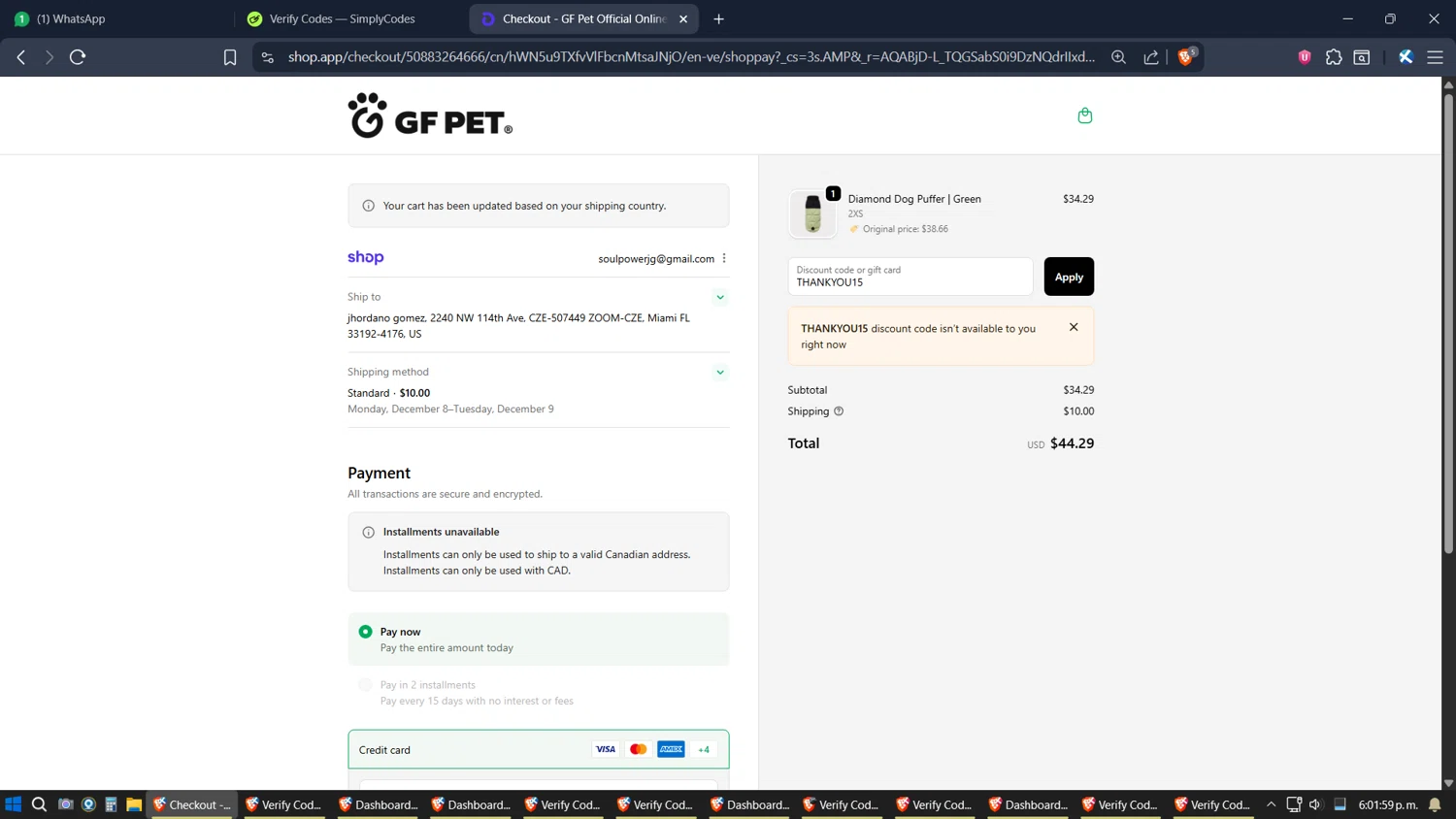 GF Pet discount code screenshot showing code THANKYOU15 applied at GF Pet checkout page. Uploaded by SimplyCodes community member SimplyGOAT on Nov 30, 2025