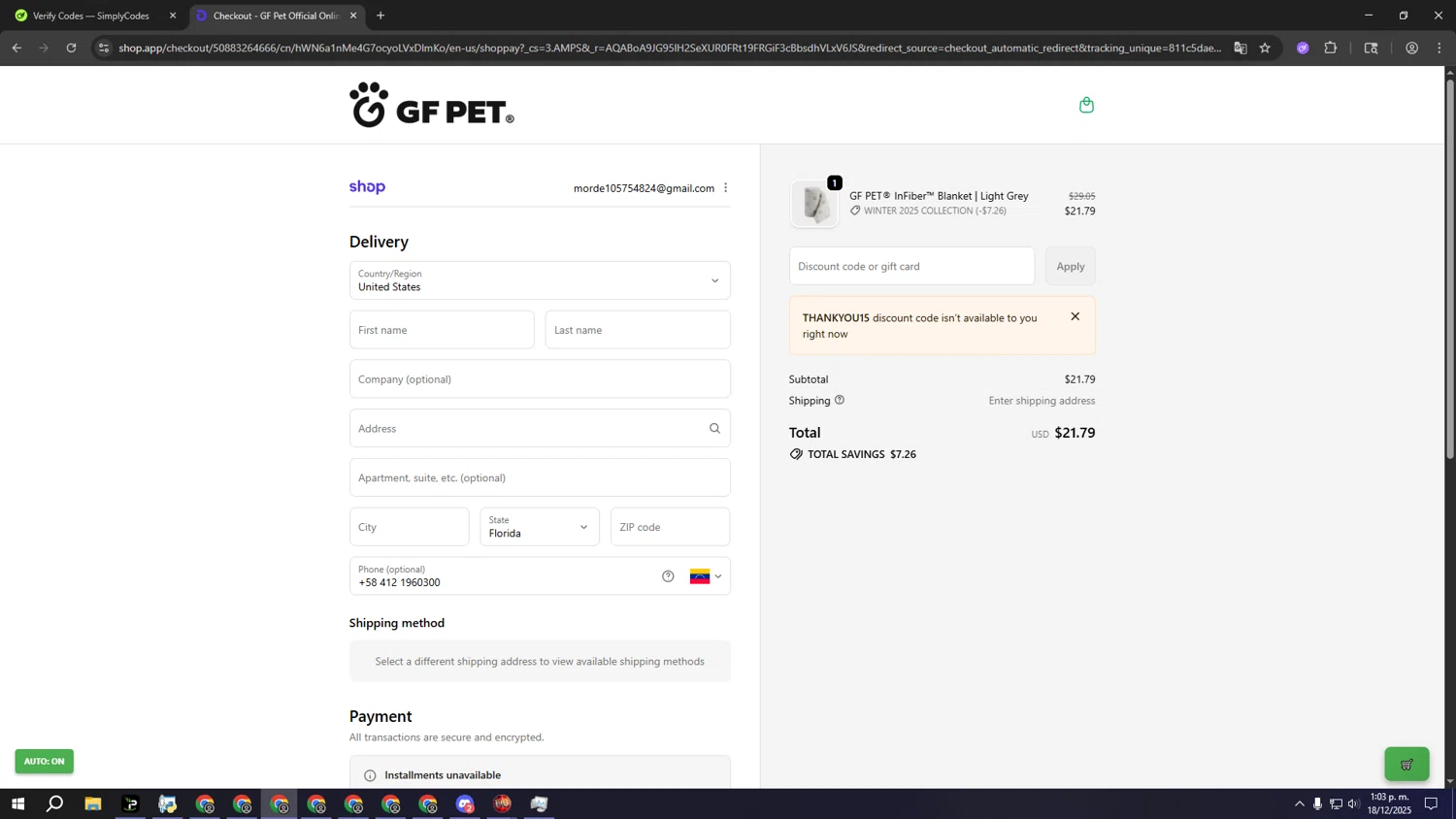 GF Pet discount code screenshot showing code THANKYOU15 applied at GF Pet checkout page. Uploaded by SimplyCodes community member lllllllllllllll on Dec 18, 2025