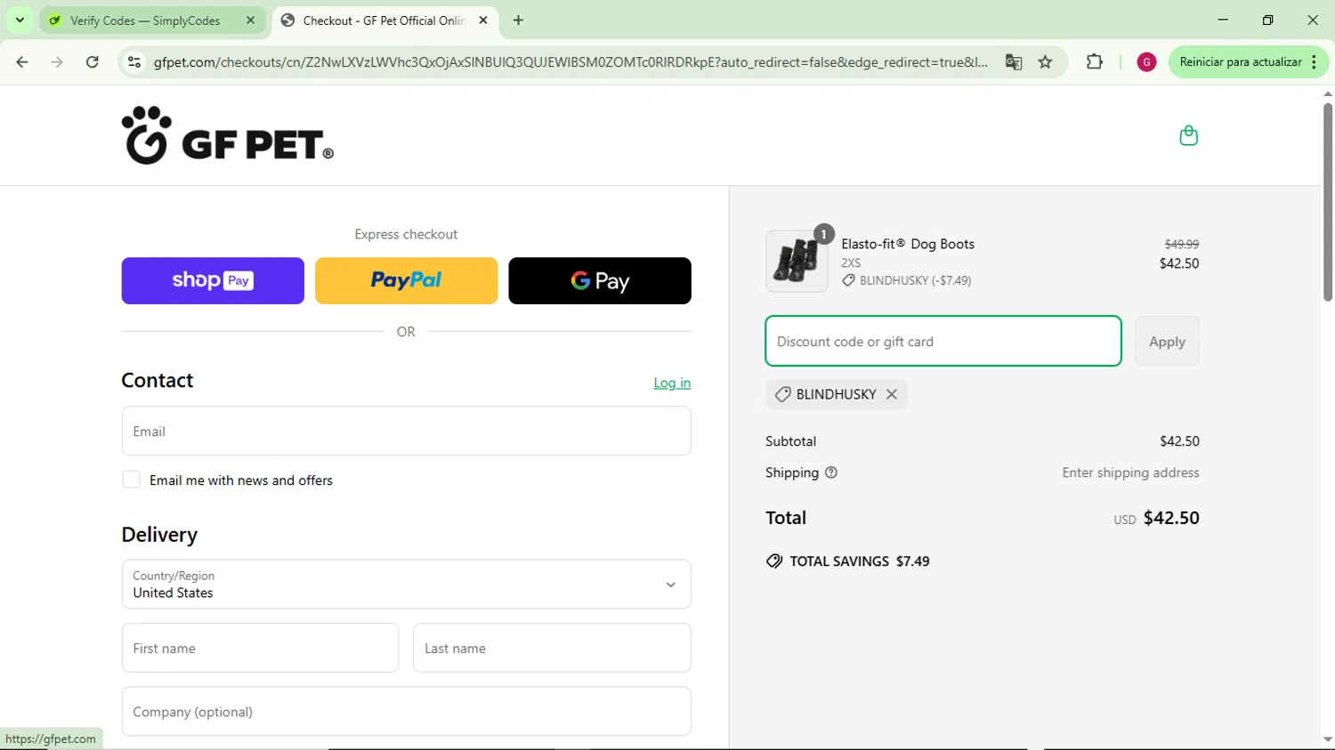GF Pet discount code screenshot showing code Blindhusky applied at GF Pet checkout page. Uploaded by SimplyCodes community member CrownFinder3074 on Apr 20, 2025