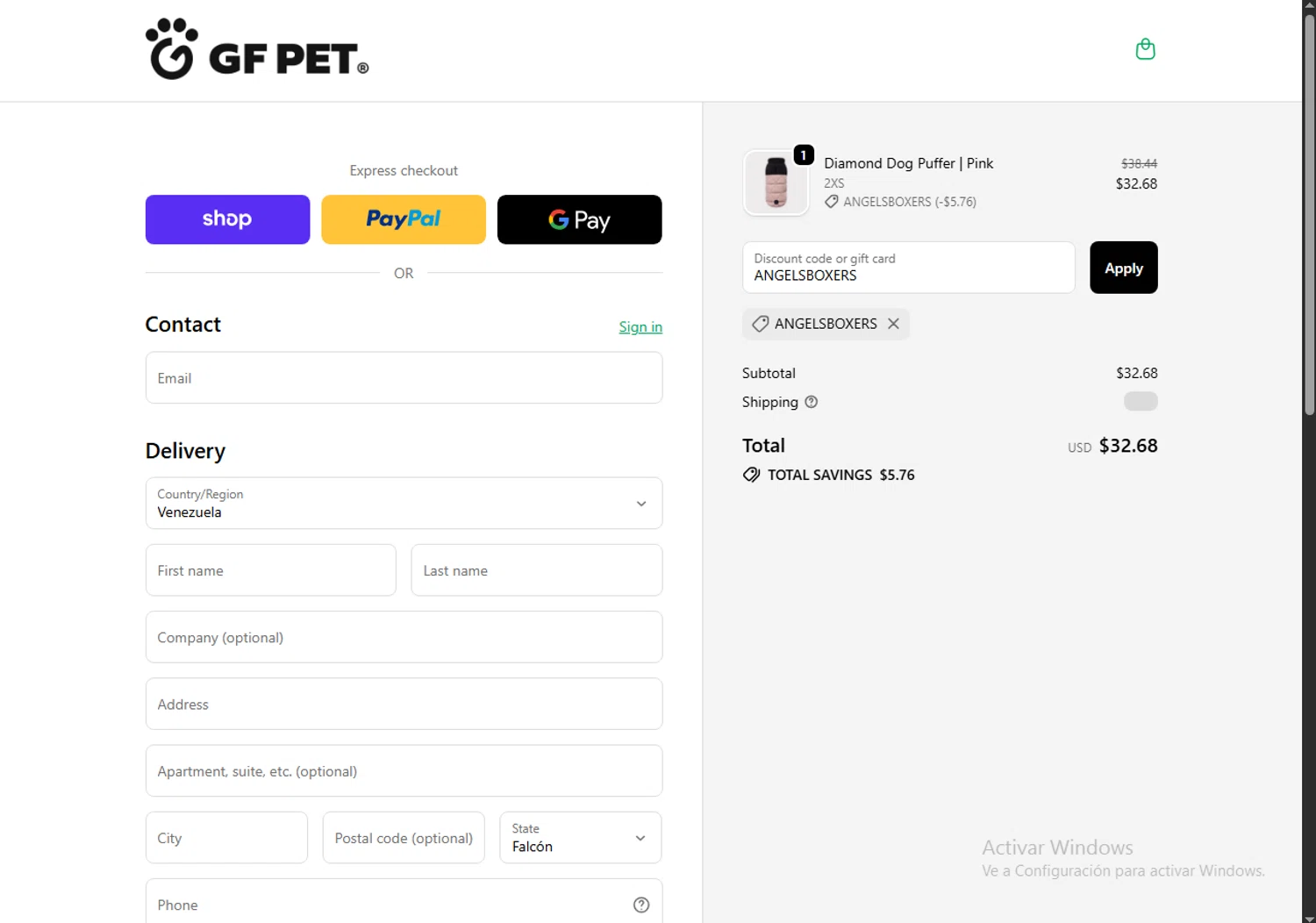 GF Pet discount code screenshot showing code ANGELSBOXERS applied at GF Pet checkout page. Uploaded by SimplyCodes community member NobleTiger7340 on Dec 18, 2025