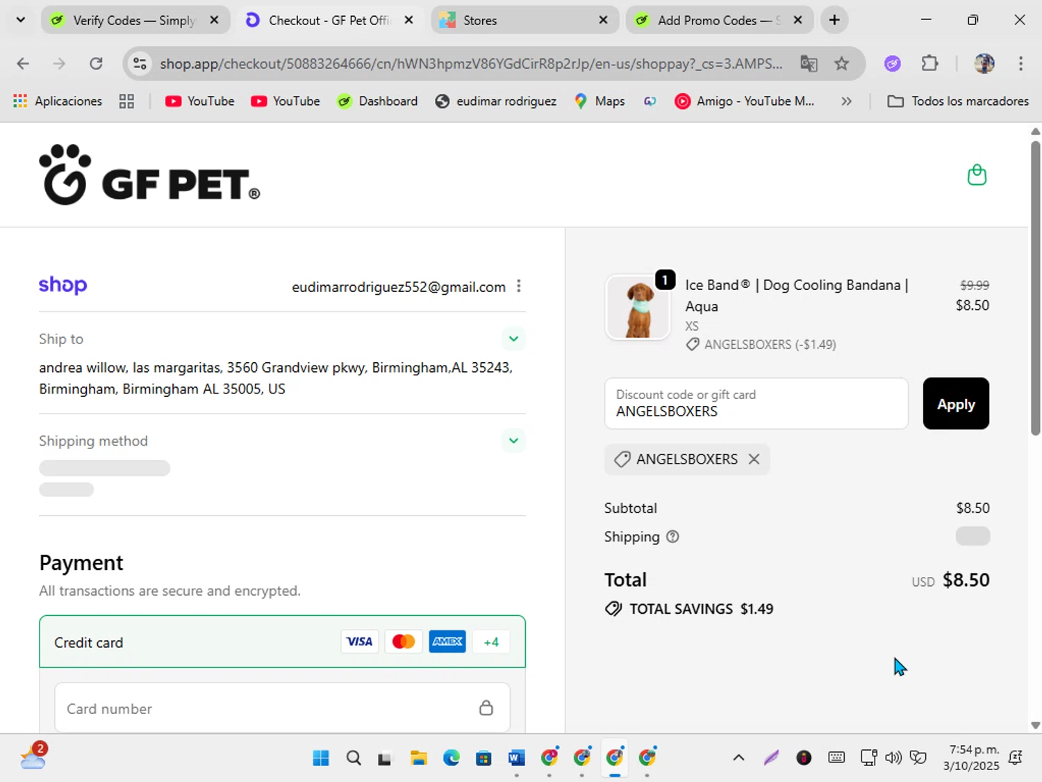 GF Pet discount code screenshot showing code ANGELSBOXERS applied at GF Pet checkout page. Uploaded by SimplyCodes community member ShrewdSeeker5445 on Oct 3, 2025