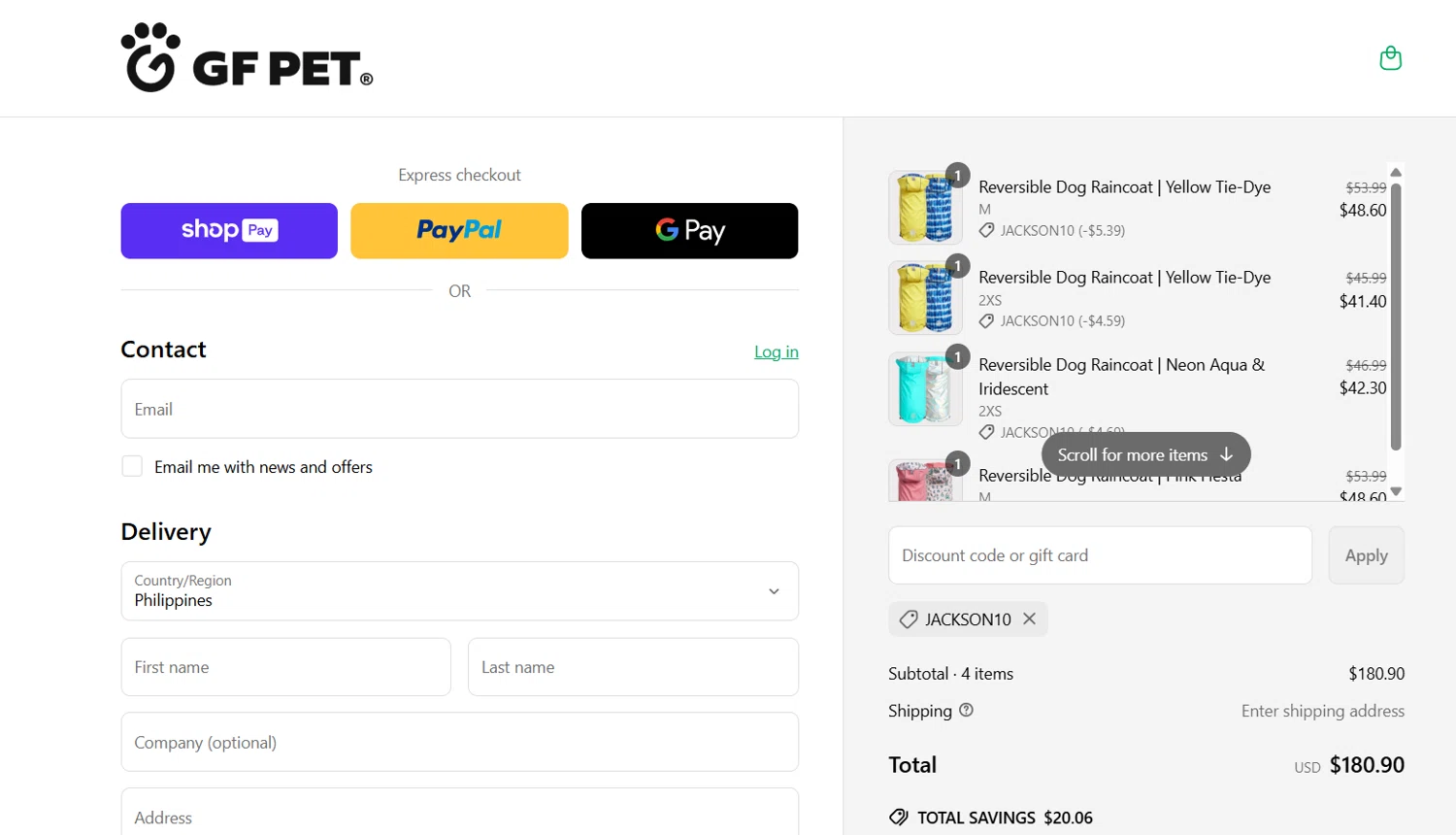 GF Pet discount code screenshot showing code JACKSON10 applied at GF Pet checkout page. Uploaded by SimplyCodes community member jade5416625024720 on May 8, 2025