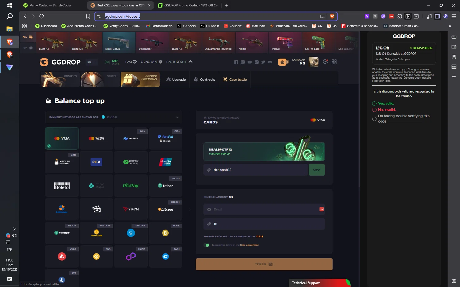 GGDROP promo code screenshot showing code dealspotr12 applied at GGDROP checkout page. Uploaded by SimplyCodes community member ilarrazaM4 on Oct 13, 2025