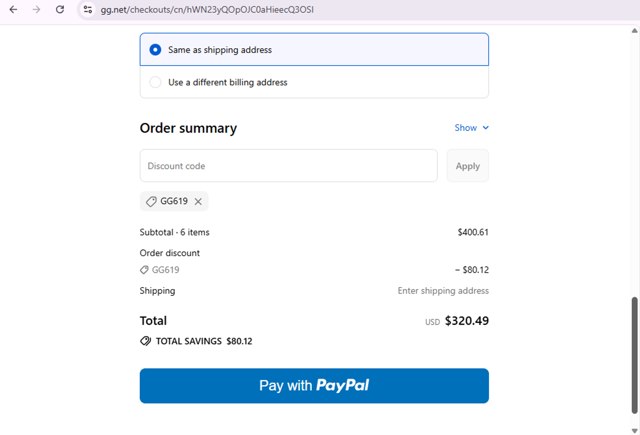 GG checkout page showing GG promo code box | Screenshot taken by SimplyCodes community member on Aug 21, 2025