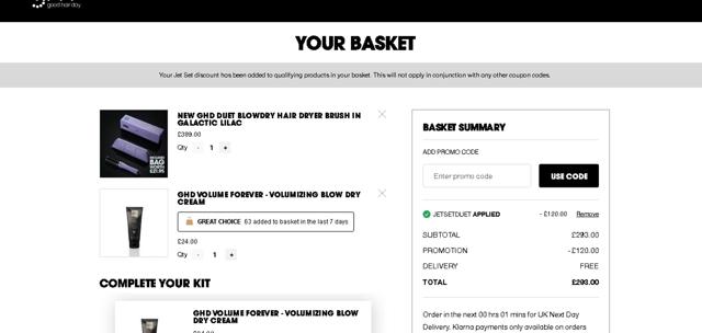 ghd checkout page showing ghd promo code box | Screenshot taken by SimplyCodes community member on Aug 6, 2025