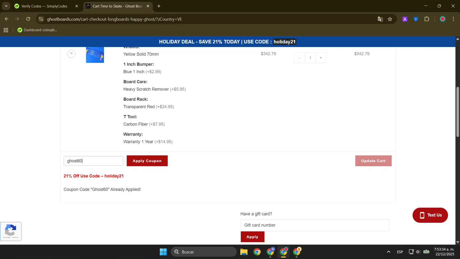 Ghost Boards promo code screenshot showing code ghost60 applied at Ghost Boards checkout page. Uploaded by SimplyCodes community member FortunateElite9977 on Dec 22, 2025