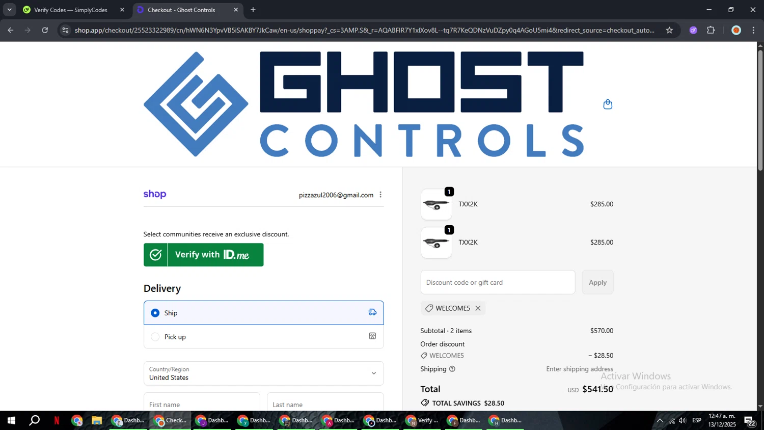 GHOST CONTROLS discount code screenshot showing code WELCOME5 applied at GHOST CONTROLS checkout page. Uploaded by SimplyCodes community member BonusCaptain9927 on Dec 13, 2025