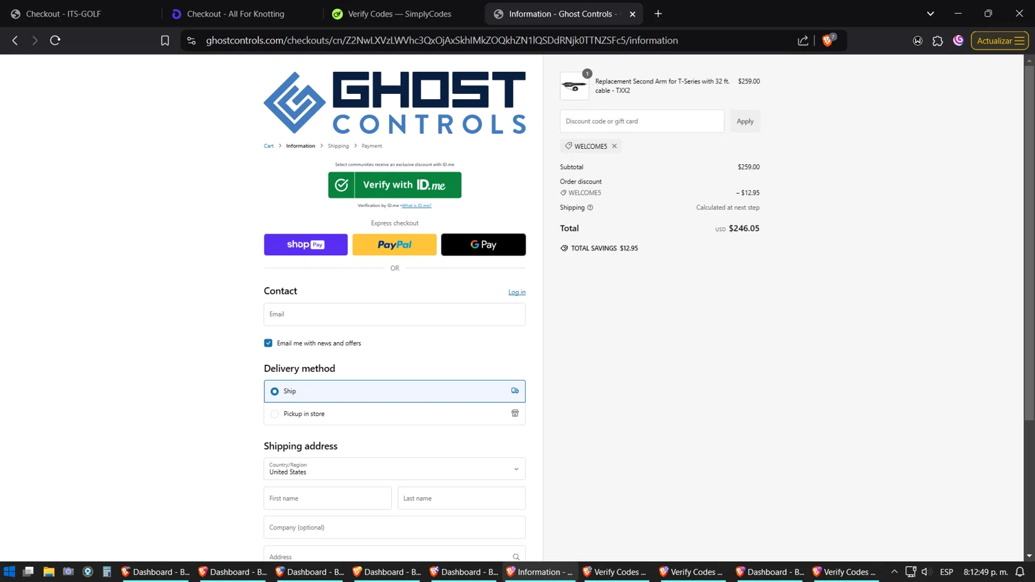 GHOST CONTROLS discount code screenshot showing code WELCOME5 applied at GHOST CONTROLS checkout page. Uploaded by SimplyCodes community member Phoenix on Jan 14, 2025