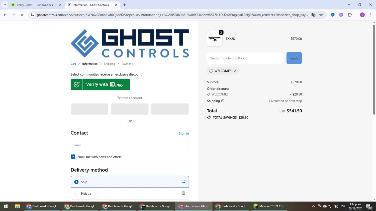 GHOST CONTROLS discount code screenshot showing code WELCOME5 applied at GHOST CONTROLS checkout page. Uploaded by SimplyCodes community member Son_Goku on Dec 27, 2025