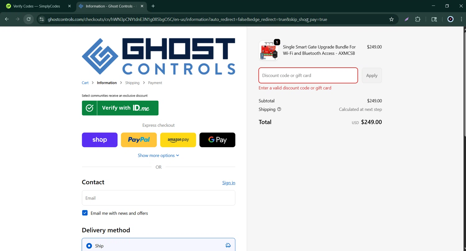 GHOST CONTROLS discount code screenshot showing code SMRT15 applied at GHOST CONTROLS checkout page. Uploaded by SimplyCodes community member Bernard_Lowe on Oct 7, 2025