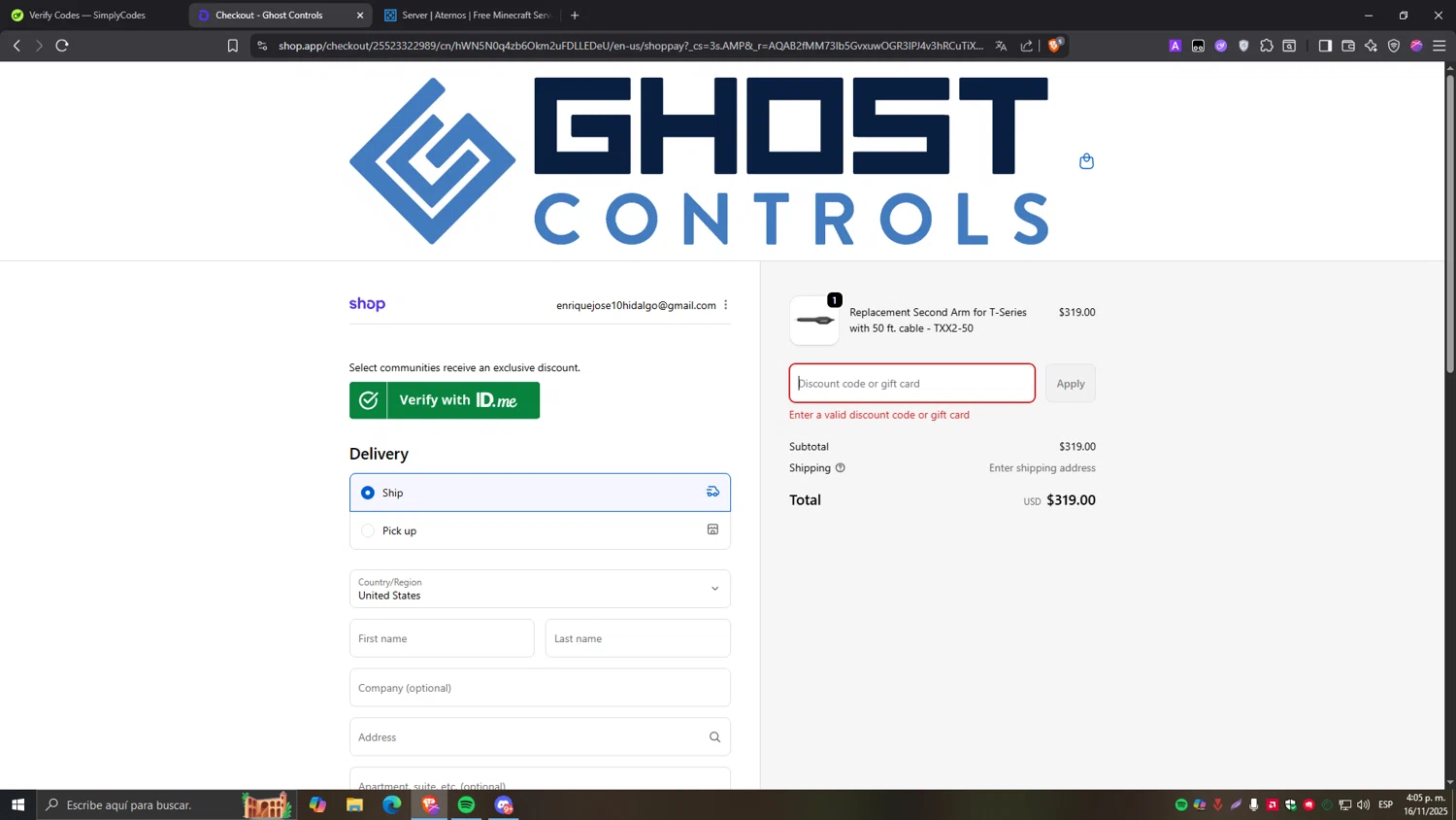 GHOST CONTROLS discount code screenshot showing code VET25 applied at GHOST CONTROLS checkout page. Uploaded by SimplyCodes community member Tragedy on Nov 16, 2025
