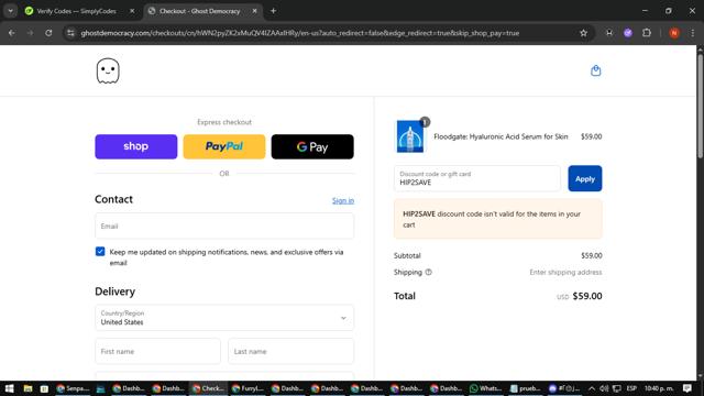 Ghost Democracy checkout page showing Ghost Democracy promo code box | Screenshot taken by SimplyCodes community member on Sep 11, 2025