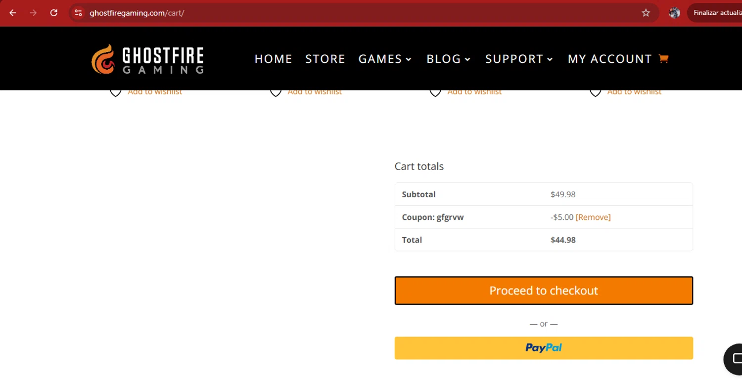 Ghostfire Gaming discount code screenshot showing code GFGRVW applied at Ghostfire Gaming checkout page. Uploaded by SimplyCodes community member kimberlinmartinez on Jun 16, 2025