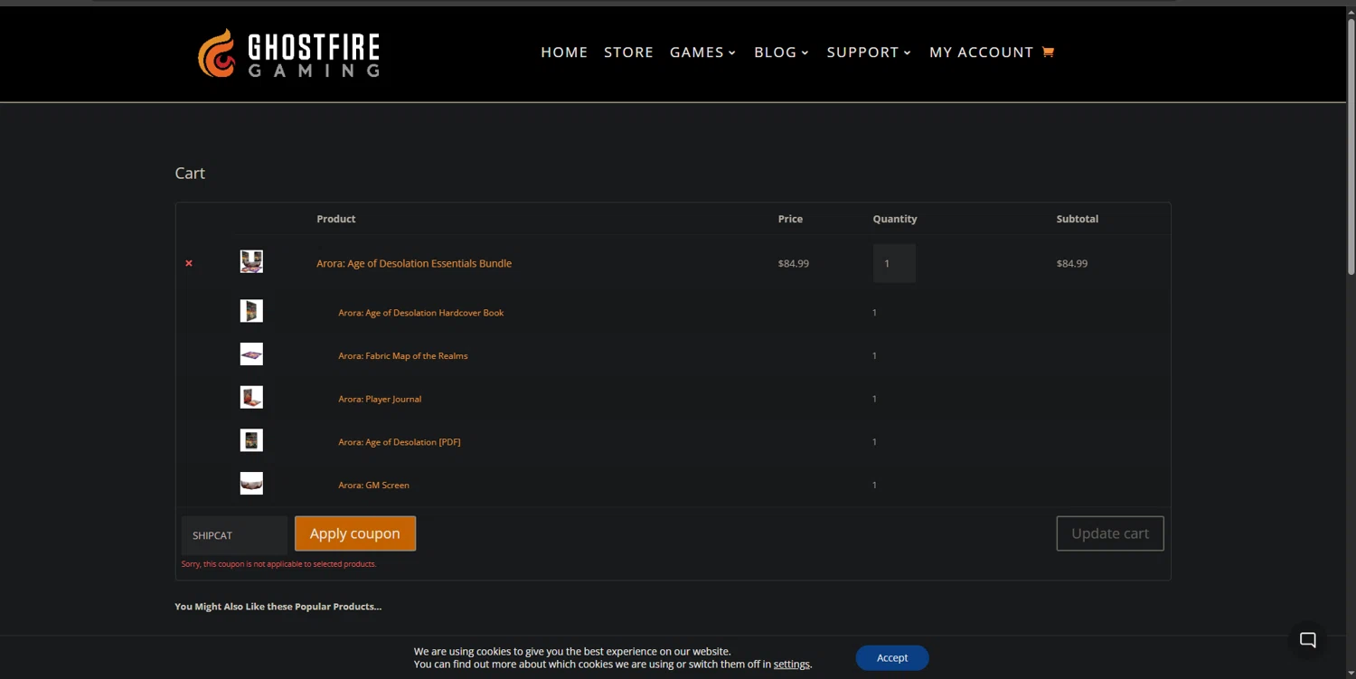 Ghostfire Gaming discount code screenshot showing code SHIPCAT applied at Ghostfire Gaming checkout page. Uploaded by SimplyCodes community member ValiantPro374 on May 8, 2025