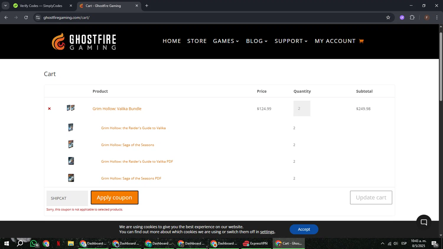 Ghostfire Gaming discount code screenshot showing code SHIPCAT applied at Ghostfire Gaming checkout page. Uploaded by SimplyCodes community member ExtraordinaryHunter3076 on May 8, 2025
