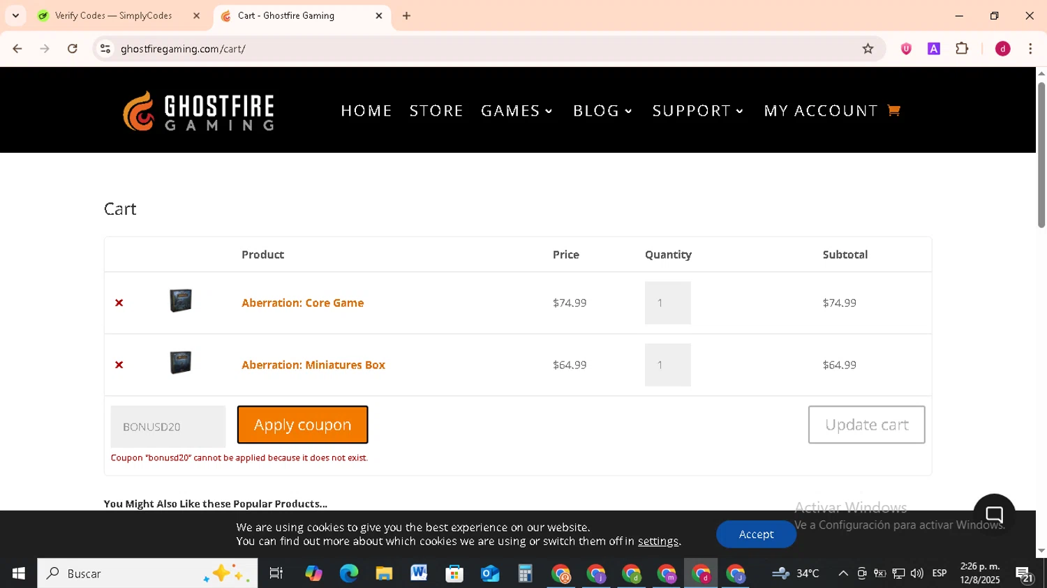 Ghostfire Gaming discount code screenshot showing code BONUSD20 applied at Ghostfire Gaming checkout page. Uploaded by SimplyCodes community member FrugalMonarch7277 on Aug 12, 2025