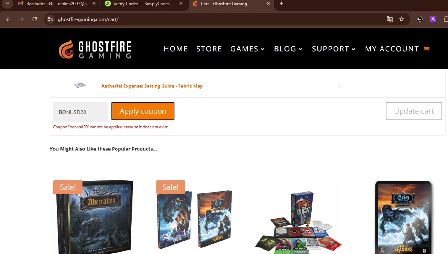 Ghostfire Gaming discount code screenshot showing code BONUSD20 applied at Ghostfire Gaming checkout page. Uploaded by SimplyCodes community member WonderWarden594 on Aug 12, 2025