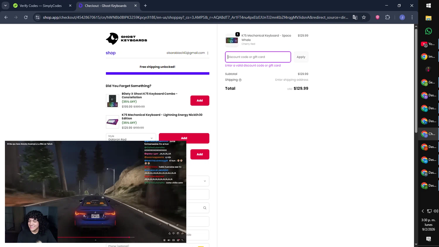 Ghost Keyboards discount code screenshot showing code Shroomiekeebs applied at Ghost Keyboards checkout page. Uploaded by SimplyCodes community member CouponGuardian8137 on Feb 9, 2026