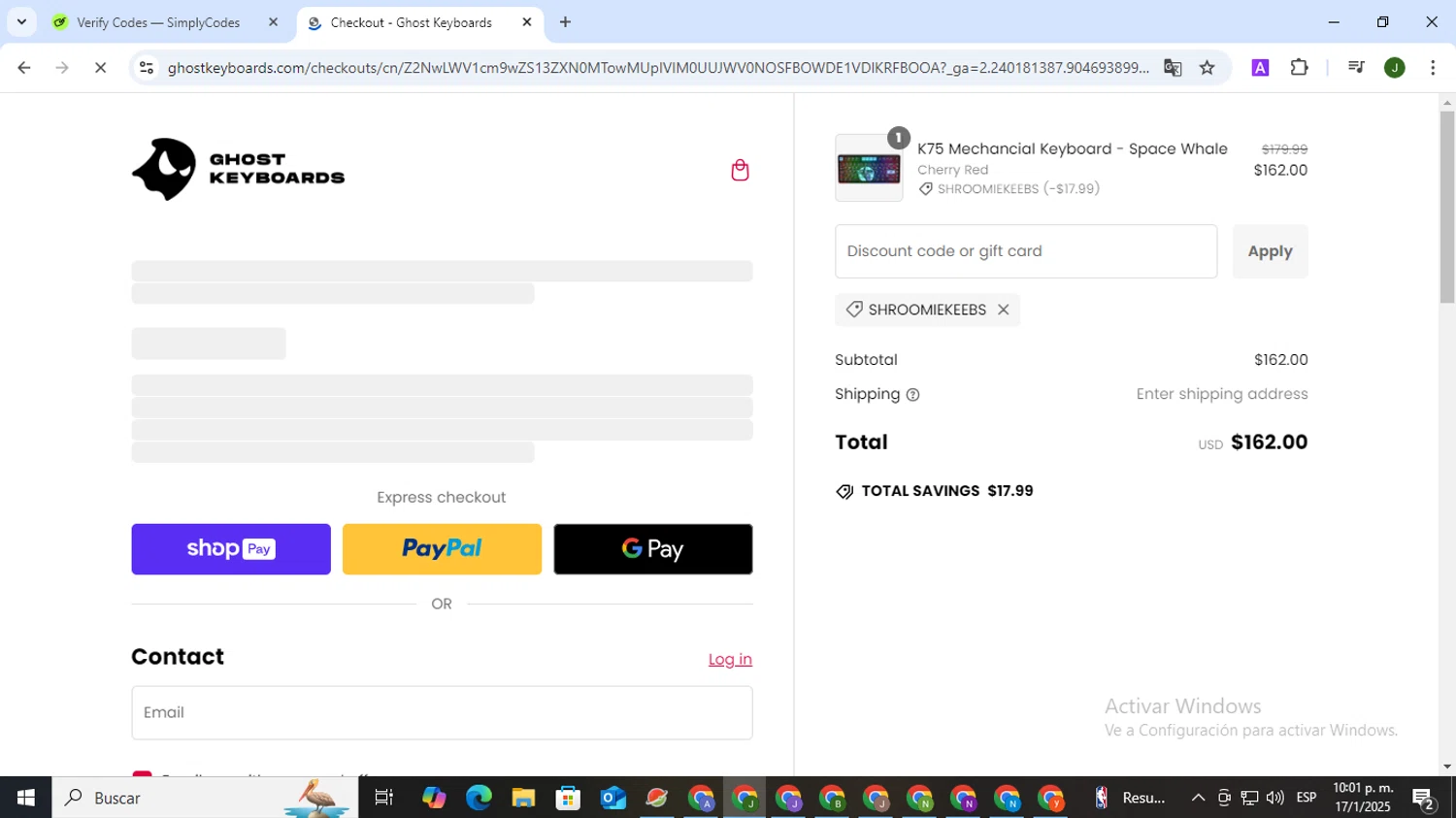 Ghost Keyboards discount code screenshot showing code Shroomiekeebs applied at Ghost Keyboards checkout page. Uploaded by SimplyCodes community member CleverSeeker3529 on Jan 18, 2025
