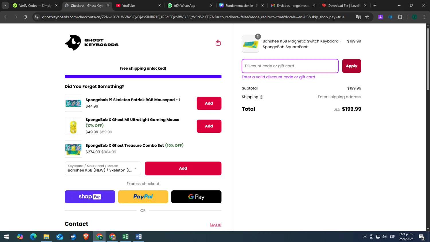 Ghost Keyboards discount code screenshot showing code LIVINLARGECO-OLIVIALARGE applied at Ghost Keyboards checkout page. Uploaded by SimplyCodes community member tonikros on Apr 25, 2025