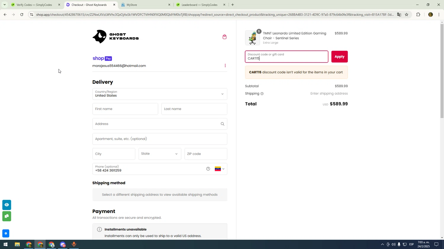 Ghost Keyboards discount code screenshot showing code CART15 applied at Ghost Keyboards checkout page. Uploaded by SimplyCodes community member sfdfgdsfgdfgdfg on Feb 24, 2025