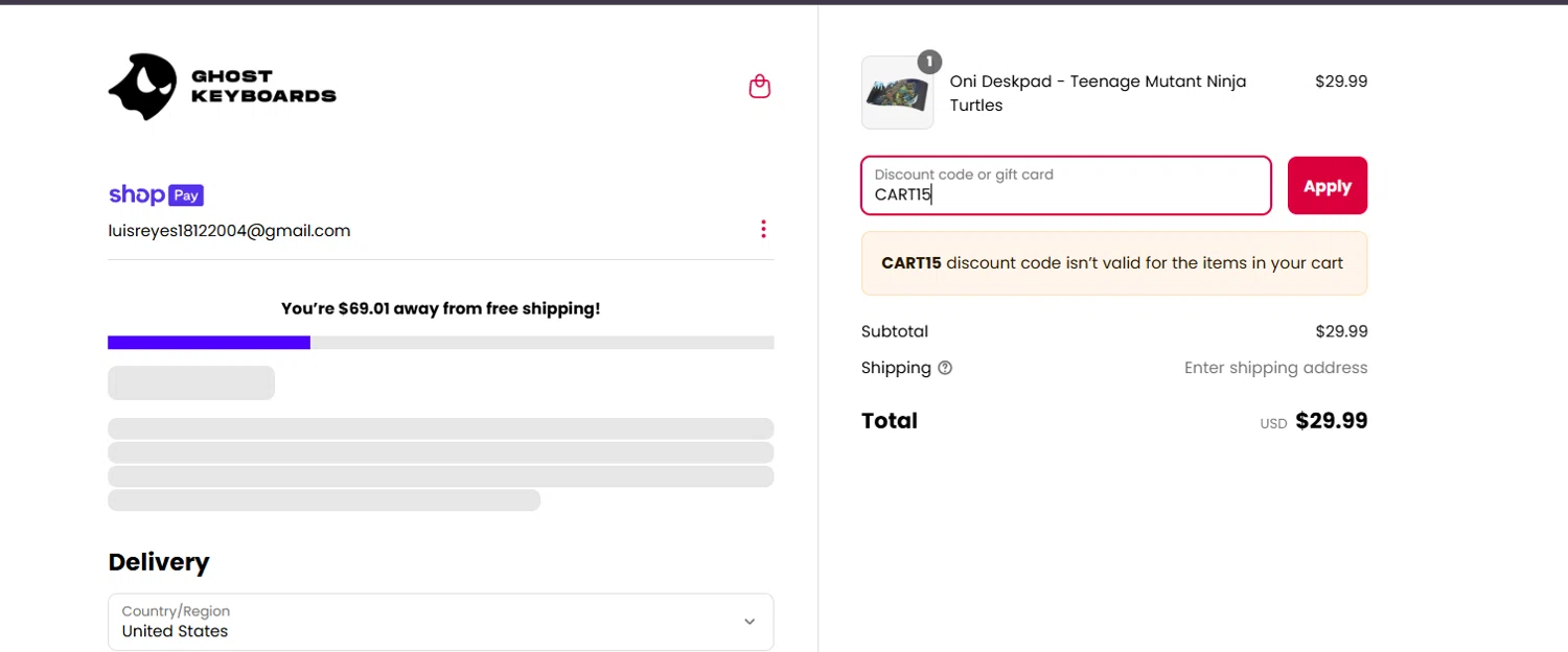 Ghost Keyboards discount code screenshot showing code CART15 applied at Ghost Keyboards checkout page. Uploaded by SimplyCodes community member NobleExpert7669 on Mar 25, 2025