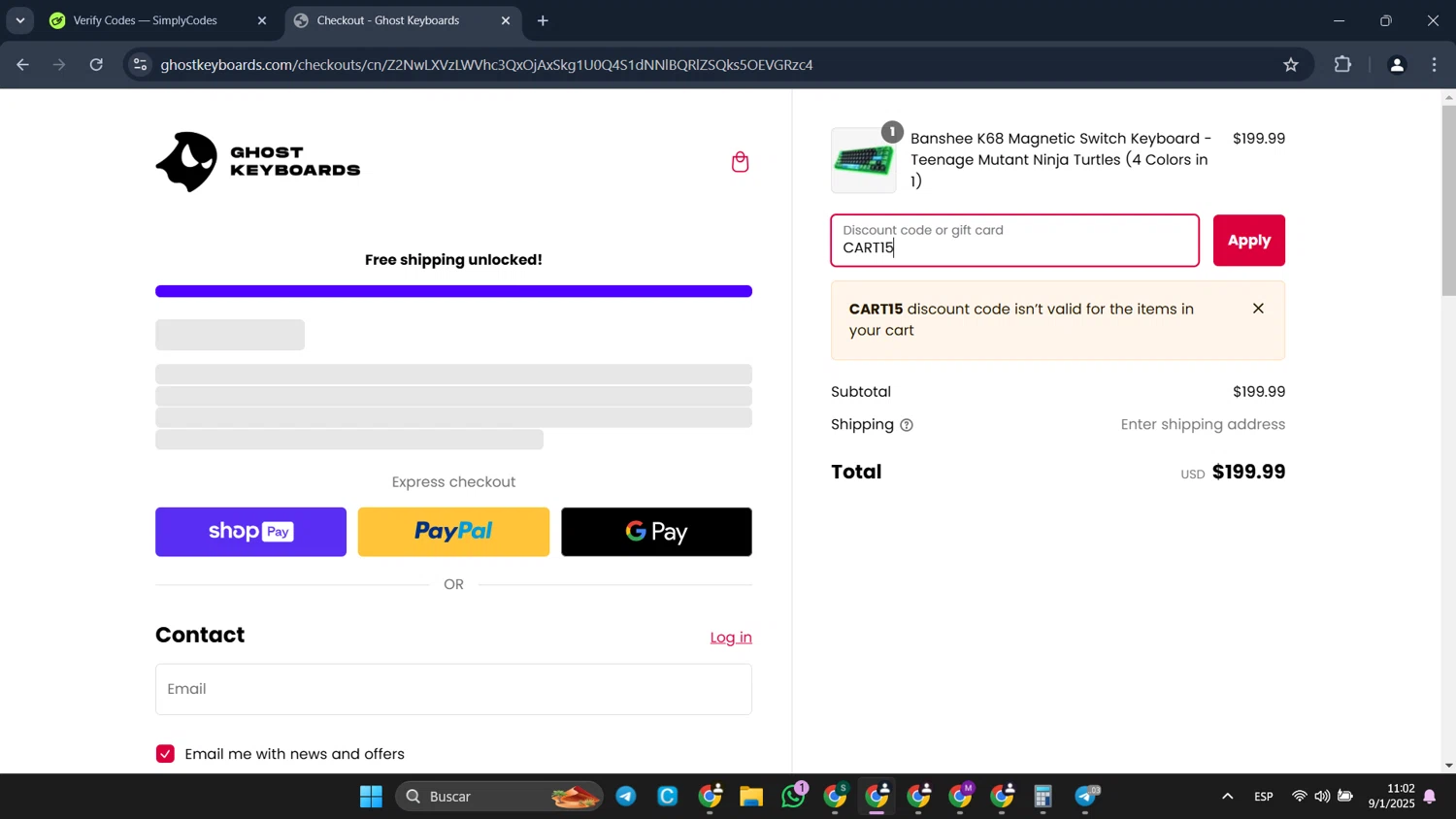 Ghost Keyboards discount code screenshot showing code CART15 applied at Ghost Keyboards checkout page. Uploaded by SimplyCodes community member CleverFalcon6244 on Jan 9, 2025