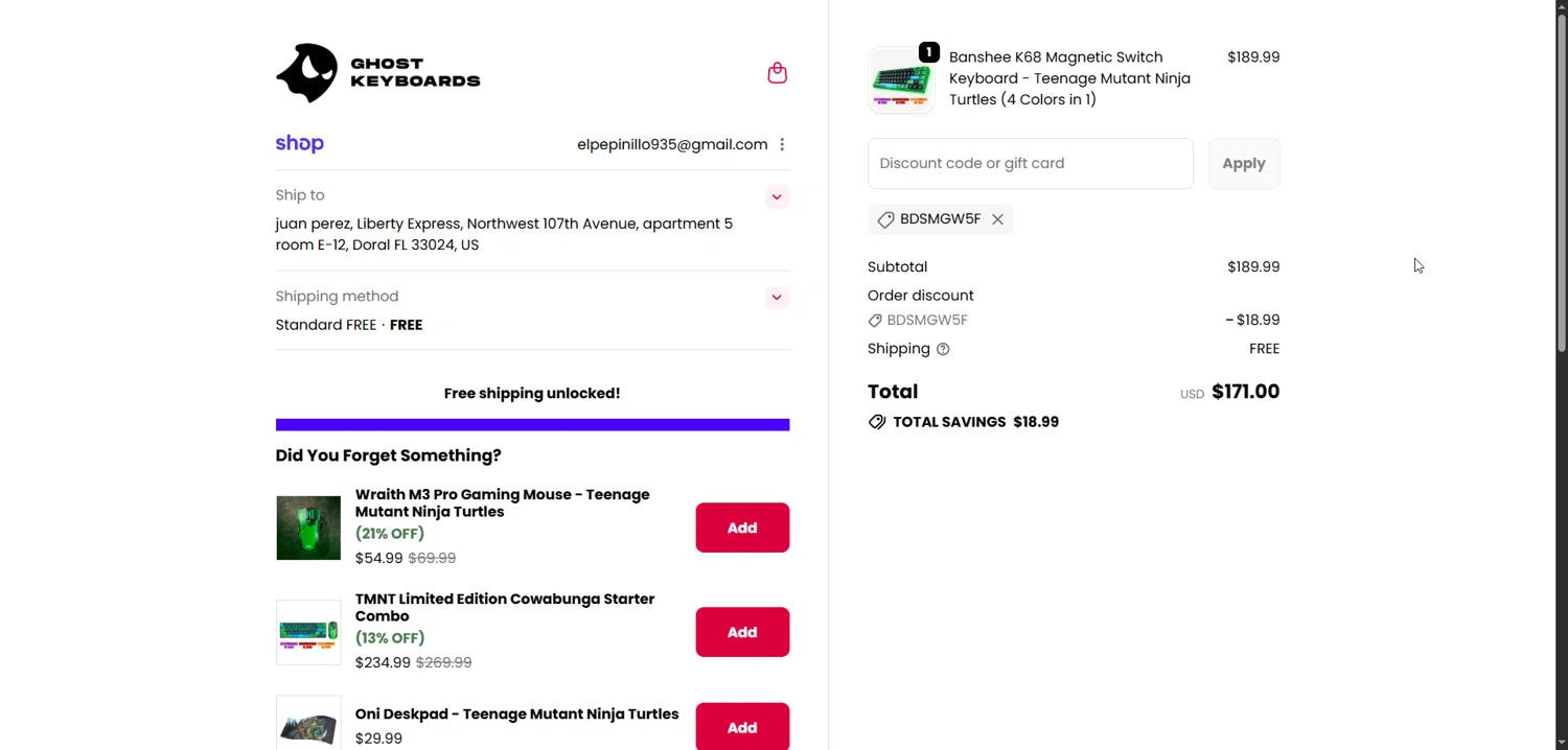 Ghost Keyboards discount code screenshot showing code BDSMGW5F applied at Ghost Keyboards checkout page. Uploaded by SimplyCodes community member Enmanuel99 on Jan 7, 2026