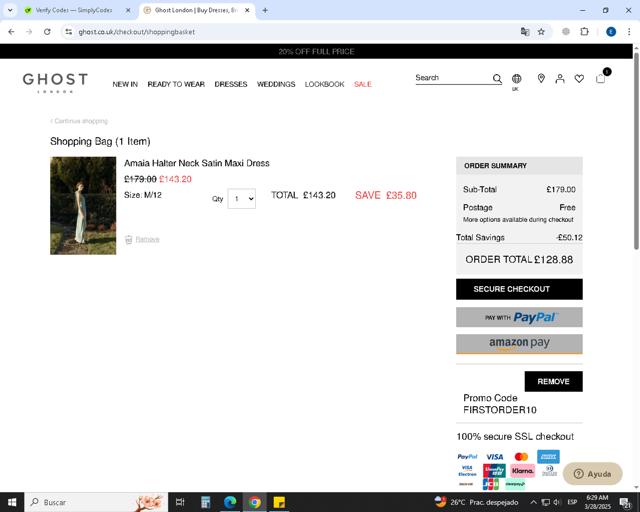 Ghost London checkout page showing Ghost London promo code box | Screenshot taken by SimplyCodes community member on Mar 28, 2025