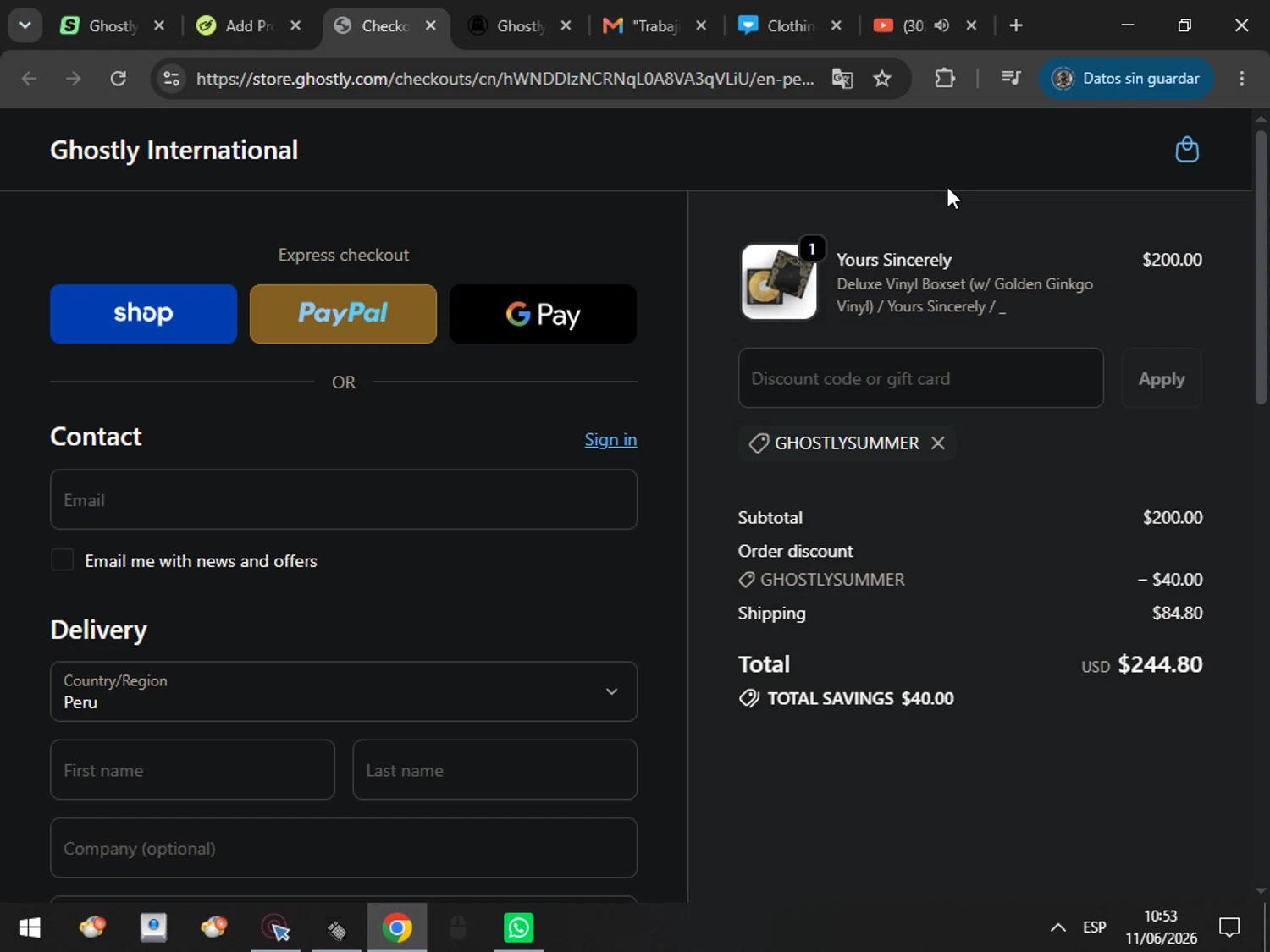 Ghostly International promo code screenshot showing code GHOSTLYSUMMER applied at Ghostly International checkout page. Uploaded by SimplyCodes community member MarcosAranguren on Jun 11, 2026