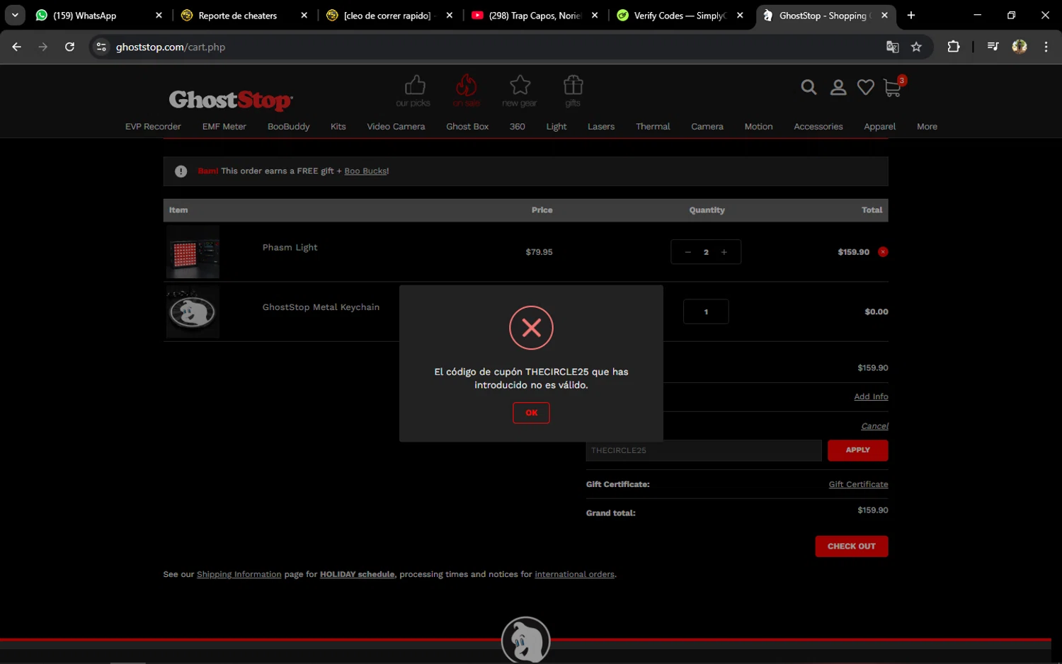GhostStop coupon code screenshot showing code THECIRCLE25 applied at GhostStop checkout page. Uploaded by SimplyCodes community member ELVERDEDESAMP on Oct 9, 2025