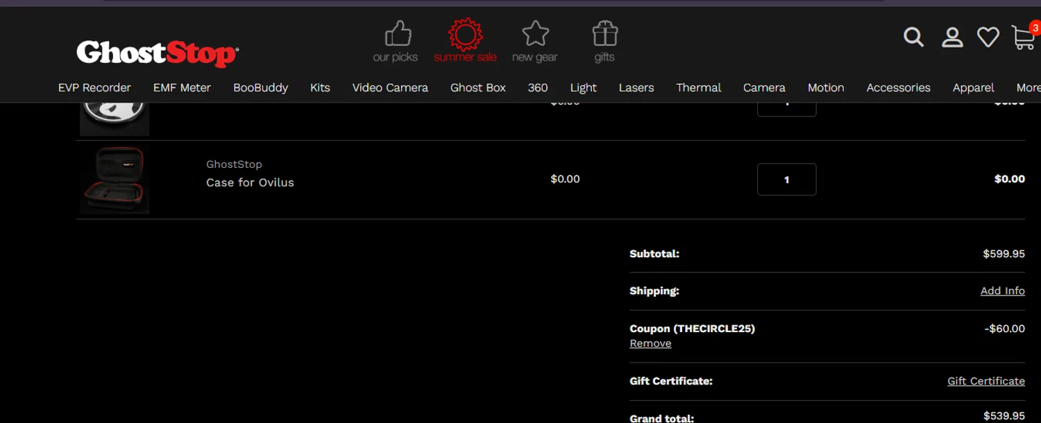 GhostStop coupon code screenshot showing code THECIRCLE25 applied at GhostStop checkout page. Uploaded by SimplyCodes community member ashe1986 on Jul 17, 2025