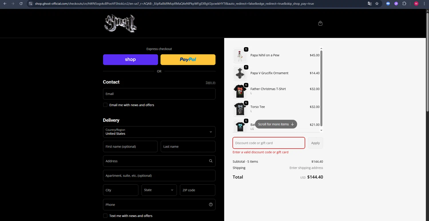 Ghost Store discount code screenshot showing code GHOST15 applied at Ghost Store checkout page. Uploaded by SimplyCodes community member BrilliantVirtuoso4783 on Nov 28, 2025