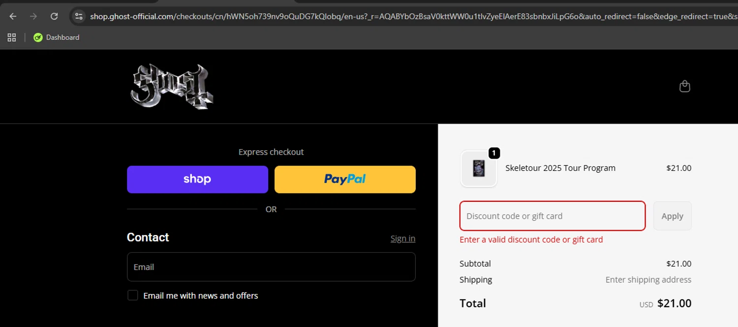 Ghost Store discount code screenshot showing code GHOST15 applied at Ghost Store checkout page. Uploaded by SimplyCodes community member Kony24 on Nov 28, 2025