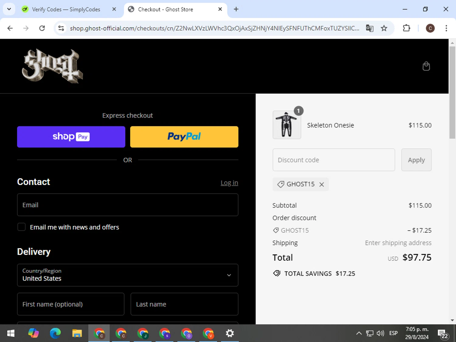Ghost Store checkout page showing Ghost Store discount code box | Screenshot taken by SimplyCodes community member on Aug 29, 2024