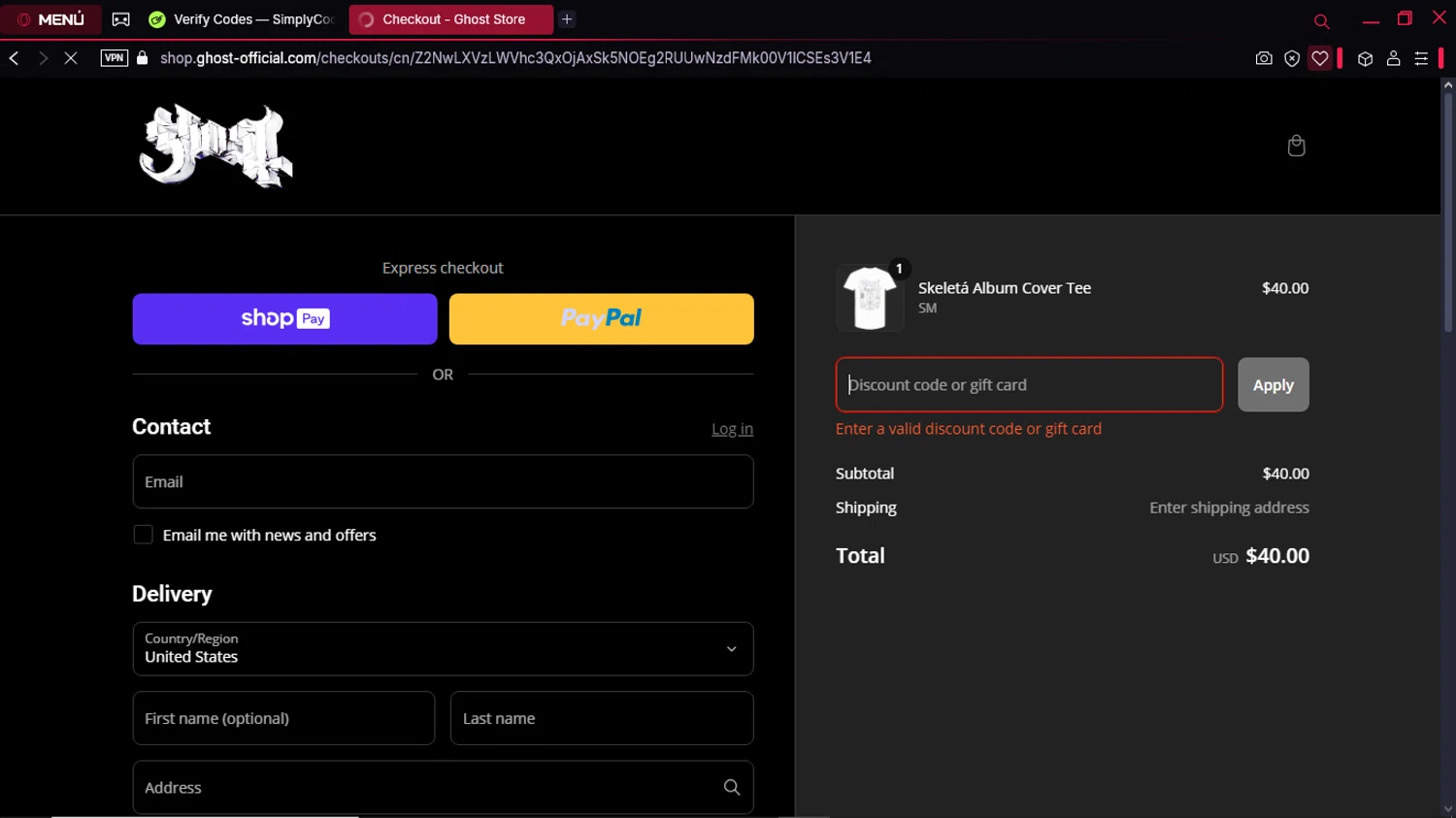 Ghost Store discount code screenshot showing code 20OFF applied at Ghost Store checkout page. Uploaded by SimplyCodes community member KeiJJ18 on Mar 5, 2025
