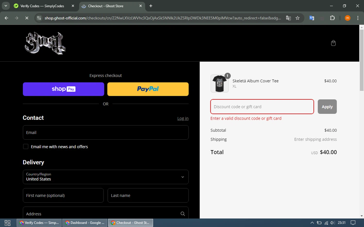 Ghost Store discount code screenshot showing code 20OFF applied at Ghost Store checkout page. Uploaded by SimplyCodes community member EpicTracker8800 on Mar 5, 2025
