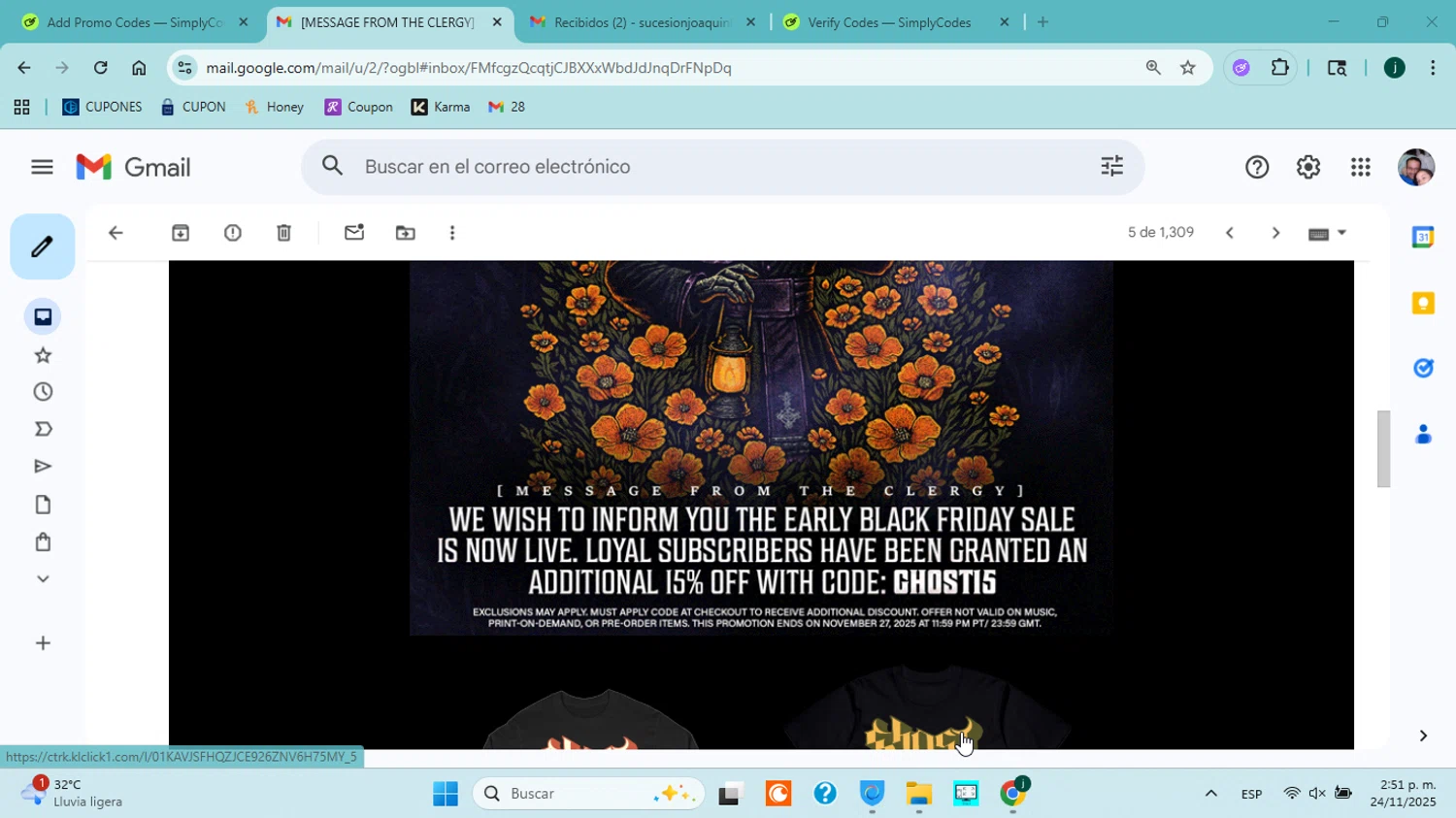 Ghost Store discount code screenshot showing code Ghost15 applied at Ghost Store checkout page. Uploaded by SimplyCodes community member jorgejavierherrera on Nov 24, 2025